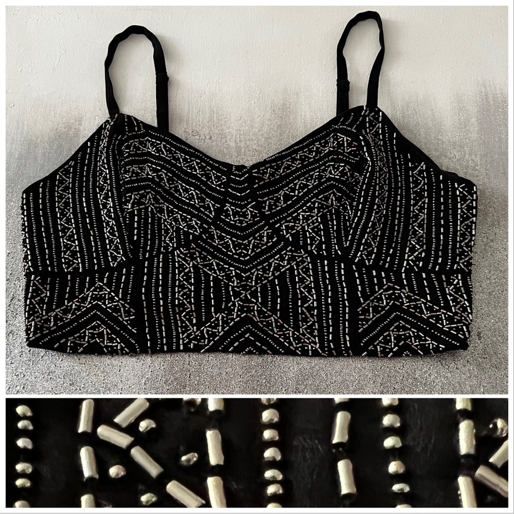 Guess  Black & Silver Beaded Corset Crop Top